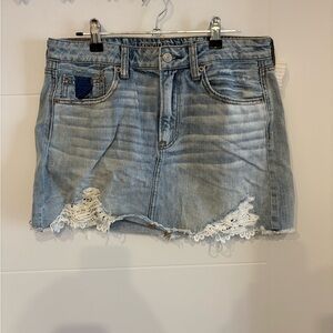 Vintage American Eagle Denim Mini Skirt with Lace Trim